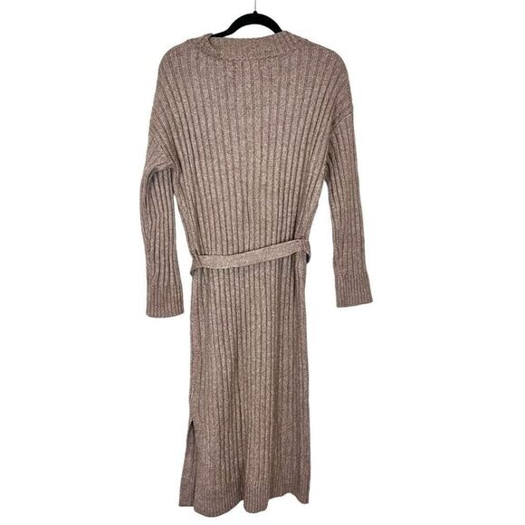 Tahari Midi Sweater Dress Small Brown Tan Ribbed Knit Long Sleeve Belted Fitted - Picture 8 of 16